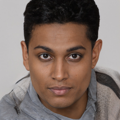 Neutral latino young-adult male with short  brown hair and brown eyes