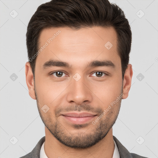 Joyful white young-adult male with short  brown hair and brown eyes