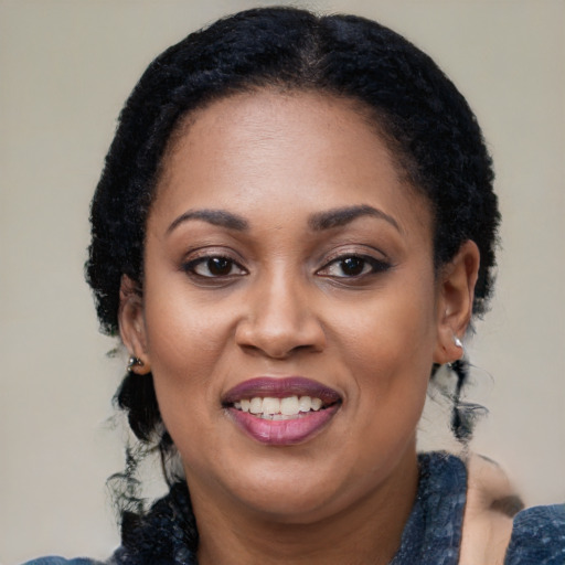 Joyful black adult female with medium  black hair and brown eyes