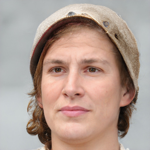 Joyful white adult female with medium  brown hair and blue eyes