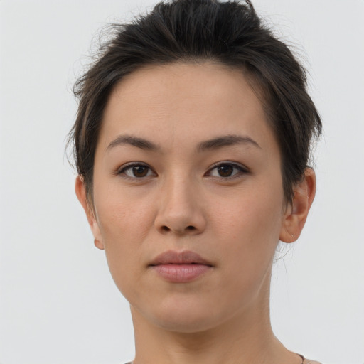 Neutral white young-adult female with short  brown hair and brown eyes