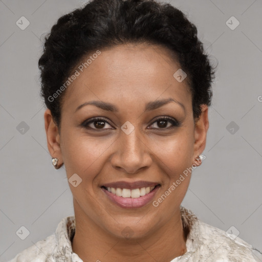 Joyful latino young-adult female with short  brown hair and brown eyes