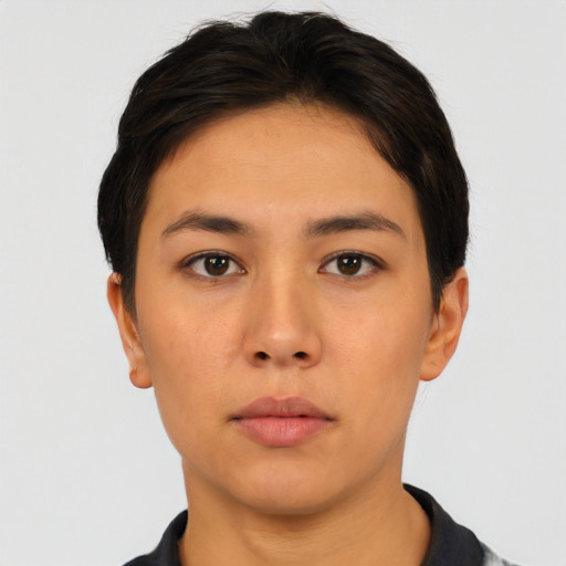 Neutral latino young-adult female with short  black hair and brown eyes