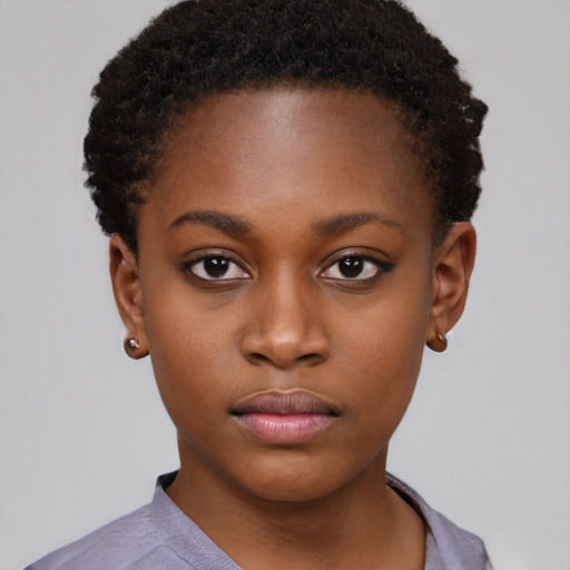 Neutral black young-adult female with short  black hair and brown eyes