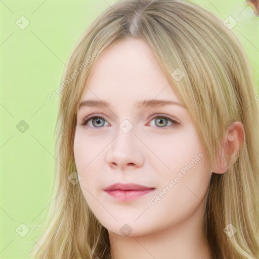 Neutral white young-adult female with long  brown hair and grey eyes