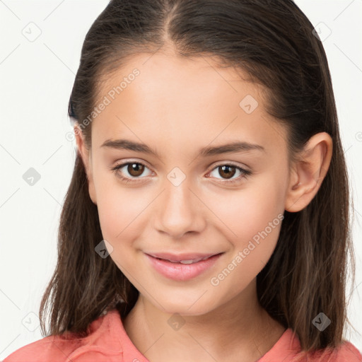 Joyful white child female with medium  brown hair and brown eyes