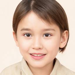 Joyful white child female with short  brown hair and brown eyes