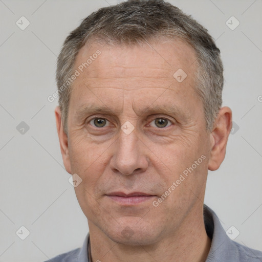 Neutral white middle-aged male with short  brown hair and brown eyes