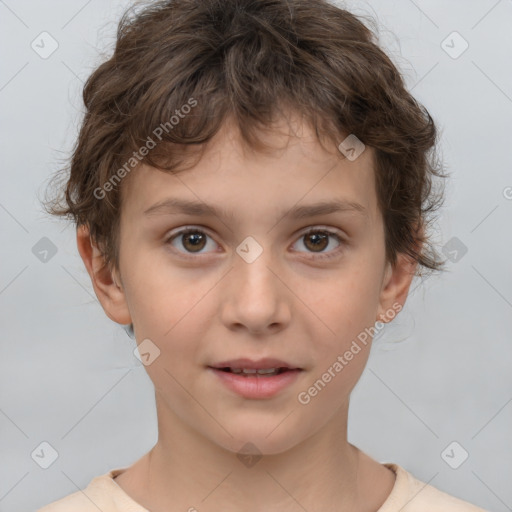 Joyful white child female with short  brown hair and brown eyes