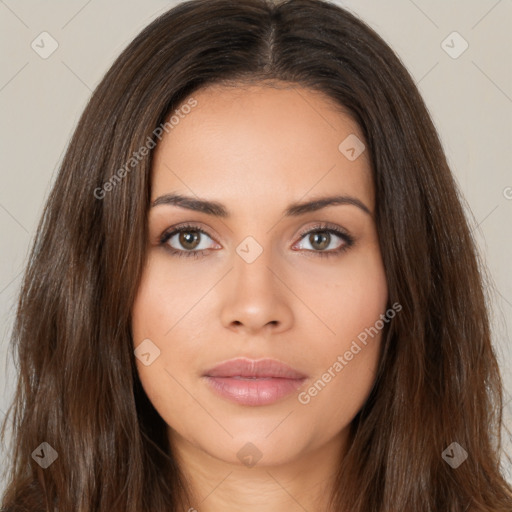 Neutral white young-adult female with long  brown hair and brown eyes