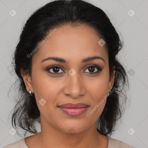 Joyful latino young-adult female with medium  brown hair and brown eyes