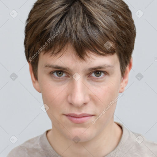 Neutral white young-adult male with short  brown hair and grey eyes