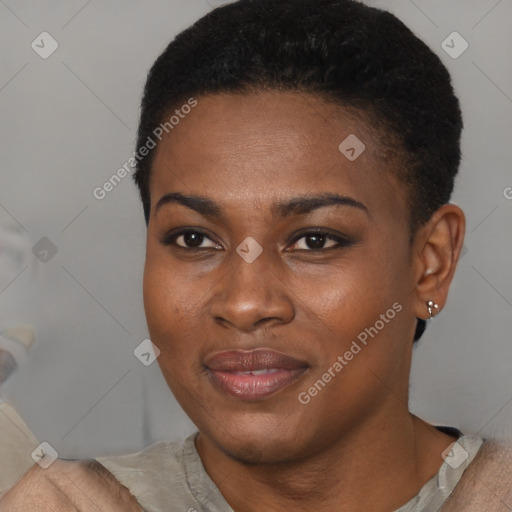 Joyful black young-adult female with short  brown hair and brown eyes