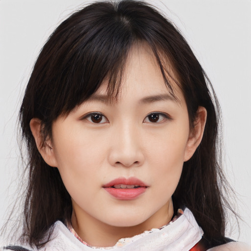 Neutral asian young-adult female with medium  brown hair and brown eyes
