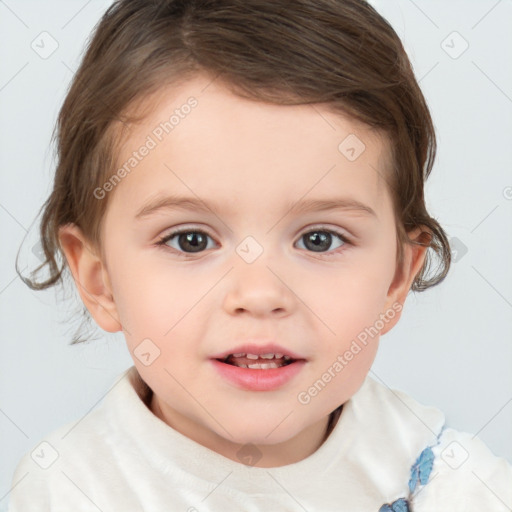 Joyful white child female with short  brown hair and brown eyes