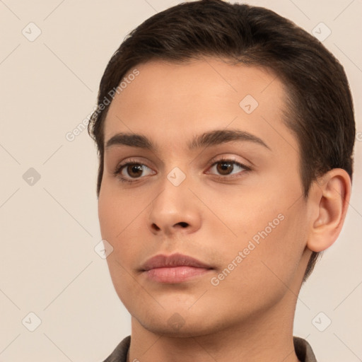 Neutral white young-adult male with short  brown hair and brown eyes