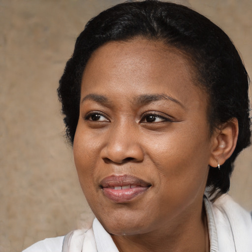 Joyful black adult female with short  brown hair and brown eyes