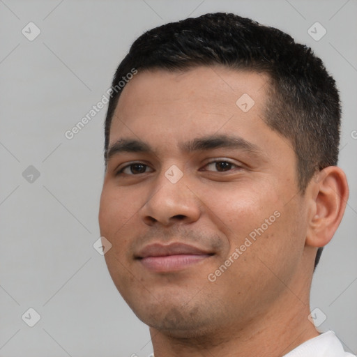 Neutral white young-adult male with short  black hair and brown eyes