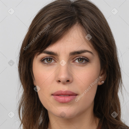 Neutral white young-adult female with long  brown hair and brown eyes