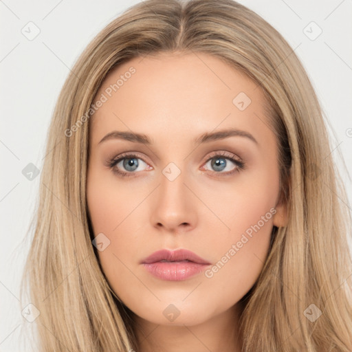 Neutral white young-adult female with long  brown hair and brown eyes