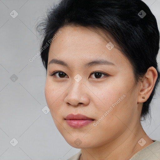 Neutral asian young-adult female with medium  brown hair and brown eyes