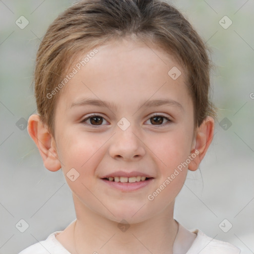 Joyful white child female with short  brown hair and brown eyes