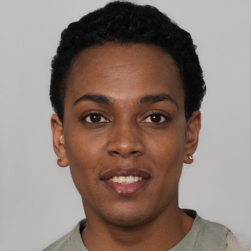 Neutral black young-adult female with short  black hair and brown eyes
