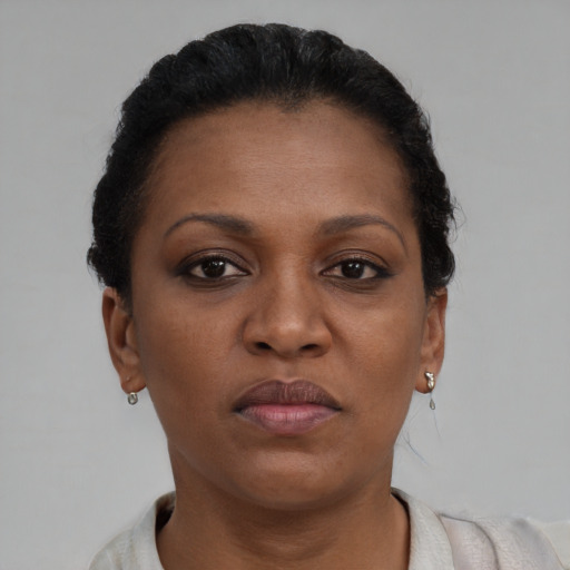 Neutral black young-adult female with short  brown hair and brown eyes