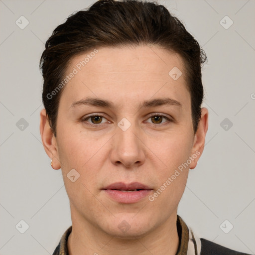 Joyful white young-adult female with short  brown hair and grey eyes