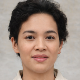 Joyful asian young-adult female with short  brown hair and brown eyes