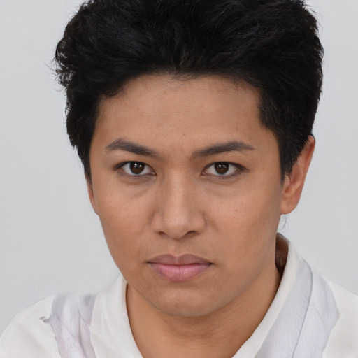 Neutral asian young-adult female with short  brown hair and brown eyes