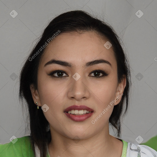 Joyful latino young-adult female with medium  black hair and brown eyes