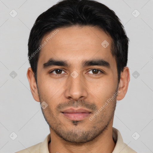 Neutral white young-adult male with short  black hair and brown eyes