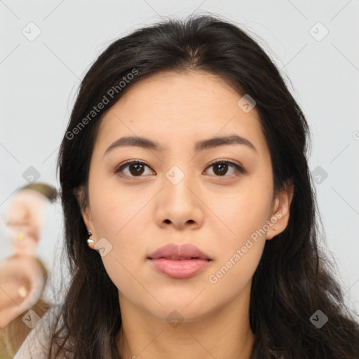 Neutral white young-adult female with long  brown hair and brown eyes