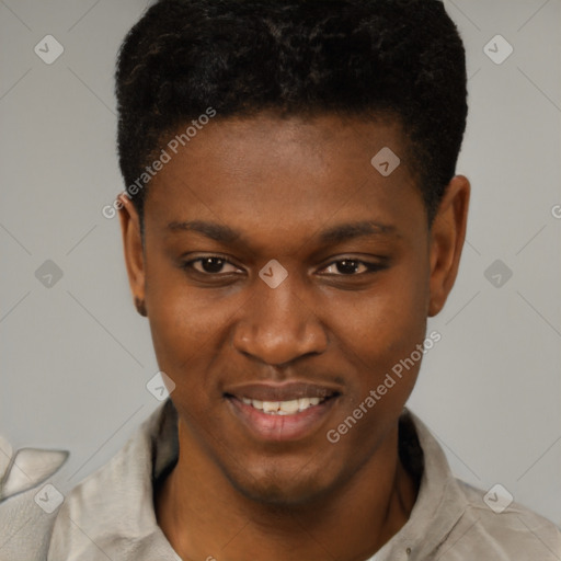Joyful latino young-adult male with short  brown hair and brown eyes