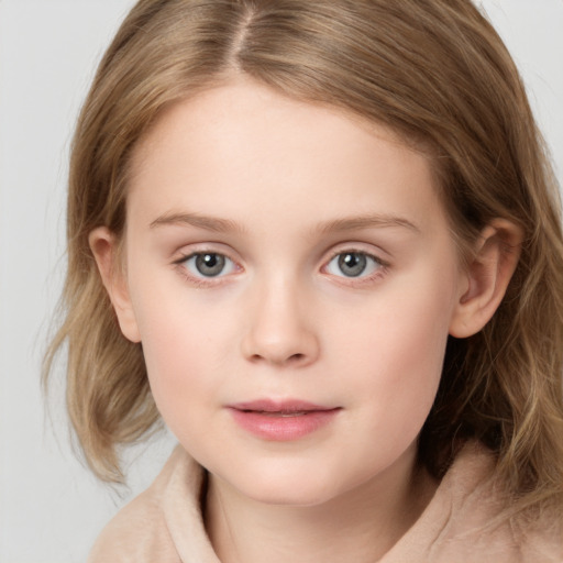 Neutral white child female with medium  brown hair and grey eyes