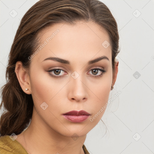 Neutral white young-adult female with medium  brown hair and brown eyes