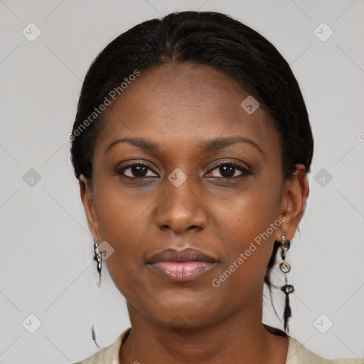 Joyful black young-adult female with medium  black hair and brown eyes