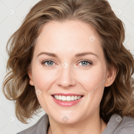 Joyful white young-adult female with medium  brown hair and blue eyes