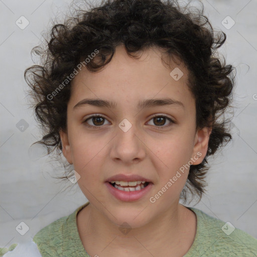 Joyful white child female with medium  brown hair and brown eyes