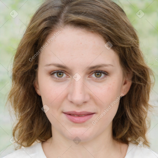 Joyful white young-adult female with medium  brown hair and green eyes