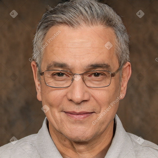 Joyful white middle-aged male with short  gray hair and brown eyes