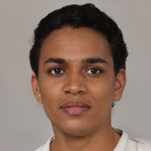 Neutral black young-adult male with short  black hair and brown eyes