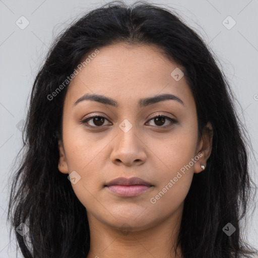 Neutral asian young-adult female with long  brown hair and brown eyes