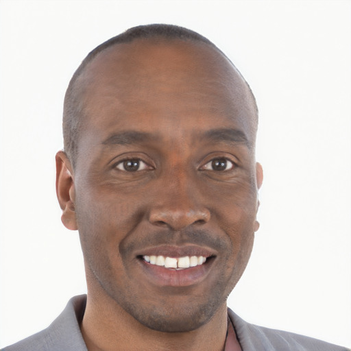 Joyful black adult male with short  brown hair and brown eyes