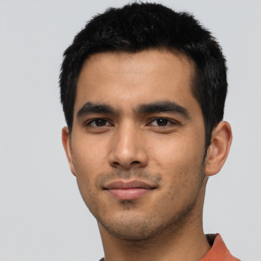 Neutral asian young-adult male with short  black hair and brown eyes