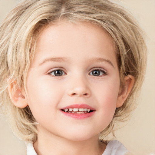 Joyful white child female with medium  brown hair and blue eyes