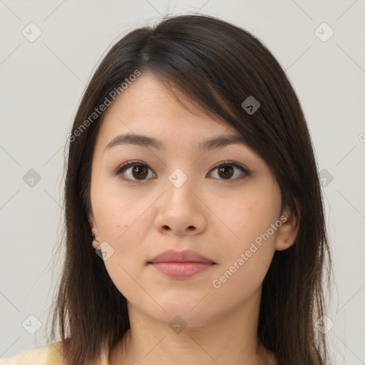 Neutral white young-adult female with long  brown hair and brown eyes