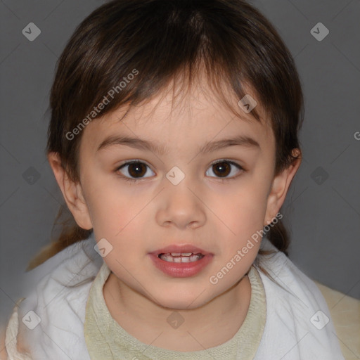 Joyful white child female with medium  brown hair and brown eyes