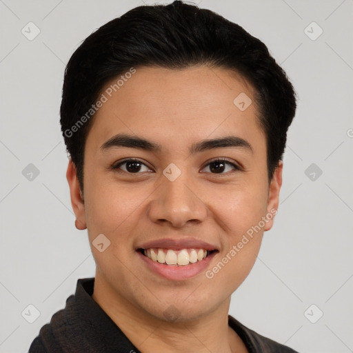 Joyful asian young-adult male with short  black hair and brown eyes